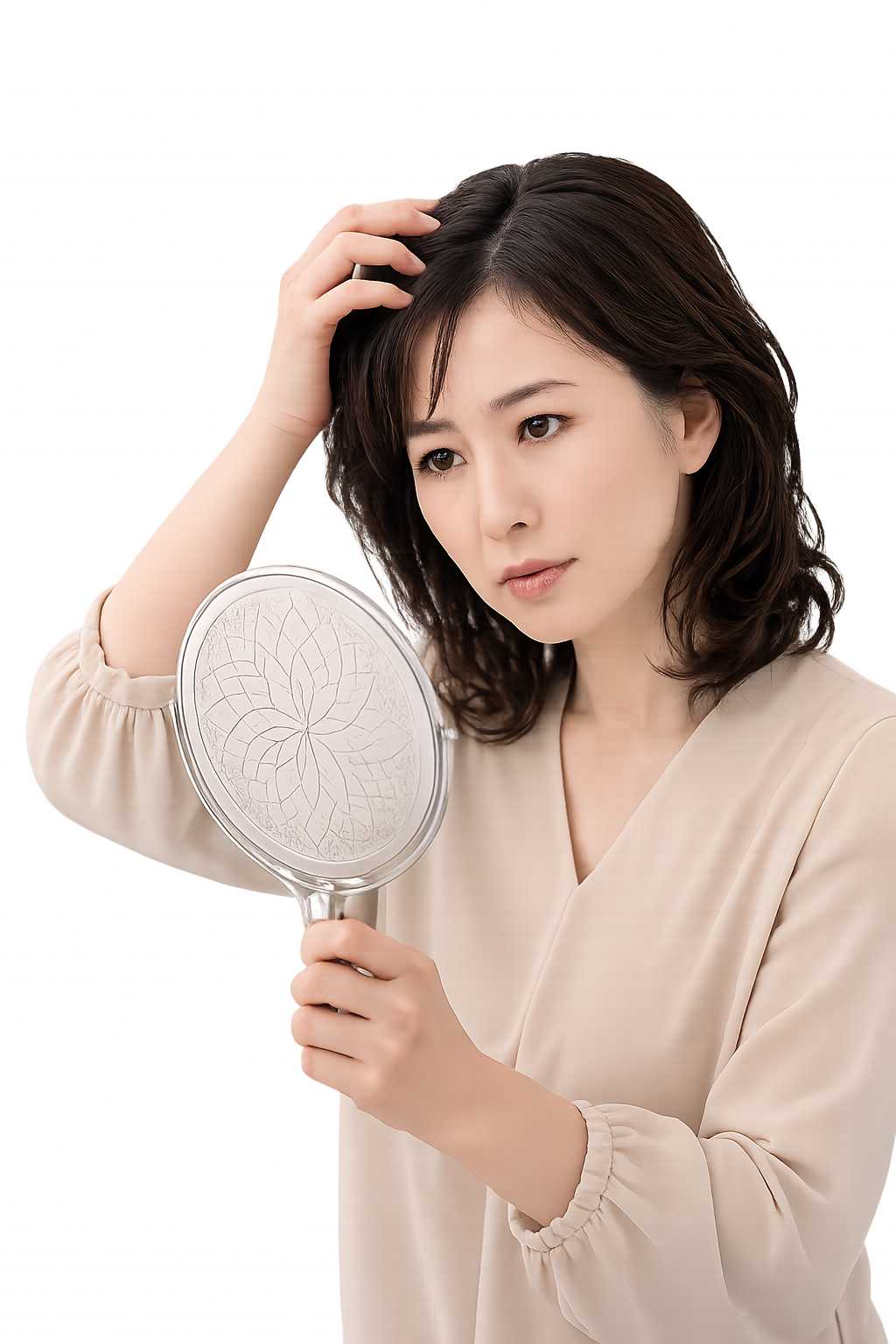 手鏡で髪の分け目を気にする40代・50代の女性