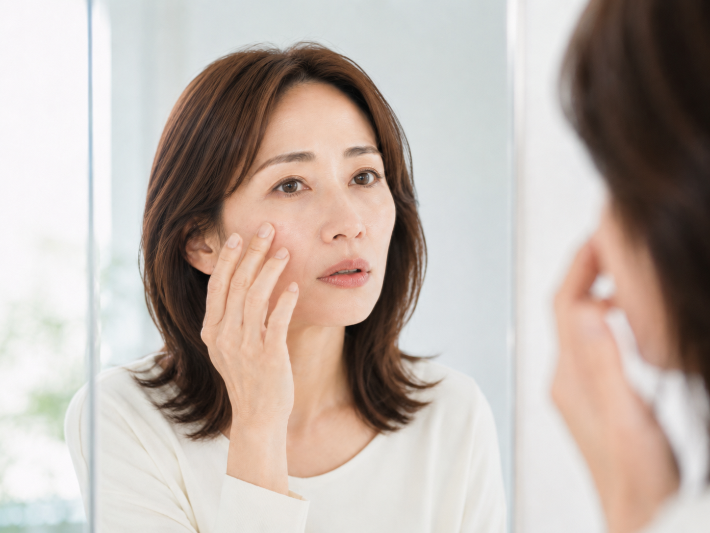 鏡で自分の肌を見つめる40代・50代の女性